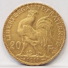 FRANCE 1911 . TWENTY 20 FRANCS . GOLD COIN